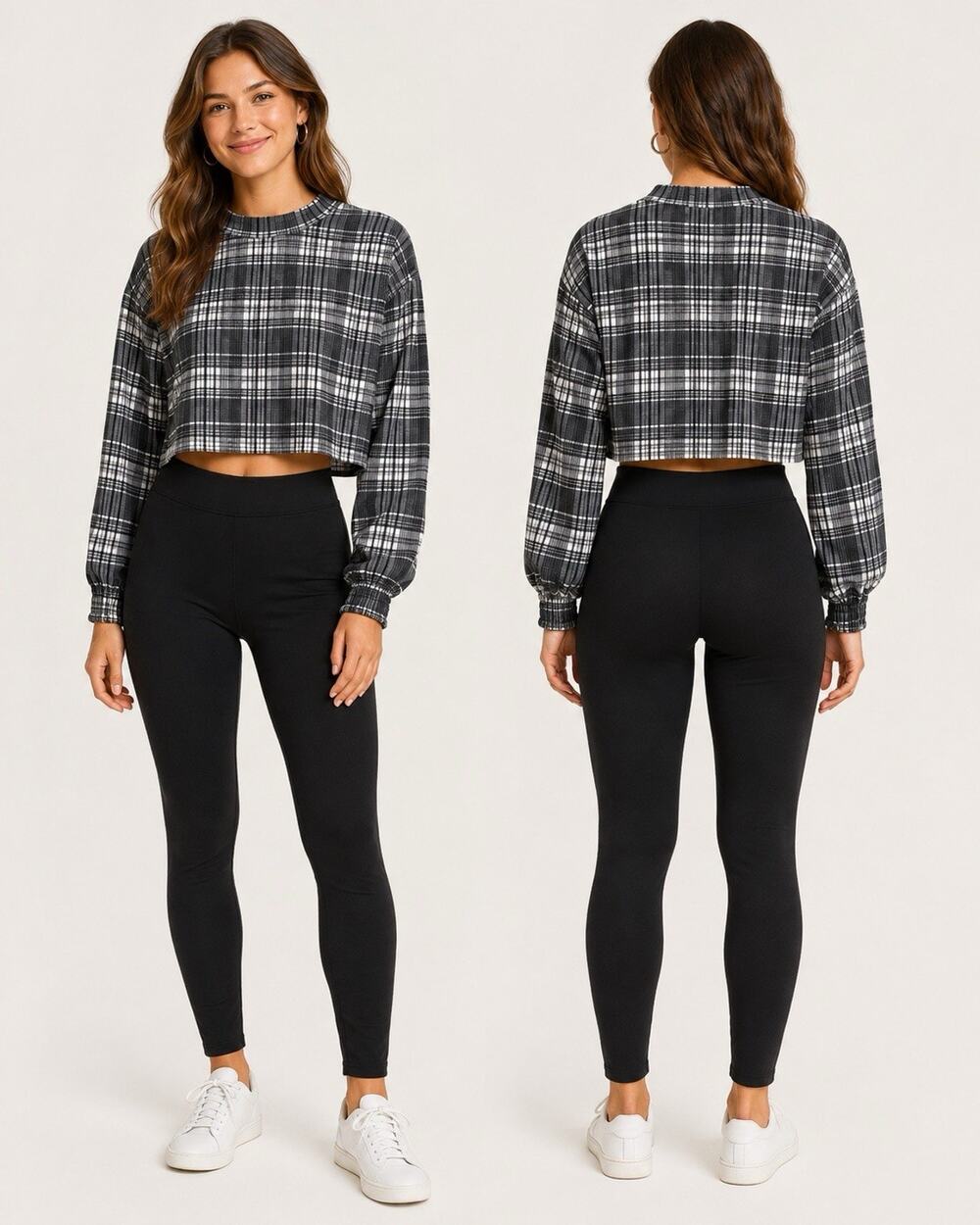 Alice + Olivia Leslie Charcoal Plaid Cropped Mock Neck Sweatshirt Top XS NWT